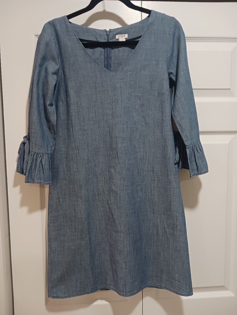 J. Crew Light Blue Chambray V-Neck Mini Dress with Ruffle Tie Sleeves